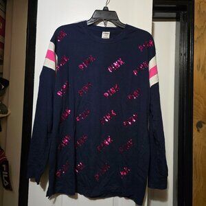Pink Women's Navy Long Sleeve Shirt W Sequin Logo Detail All Over Size Medium
